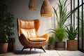 Boho Chic Oasis Brown Leather Mid-Century Wing Chair, Potted Houseplants, and Window ViewsÃ¢â¬âModern Living Room\'s. AI